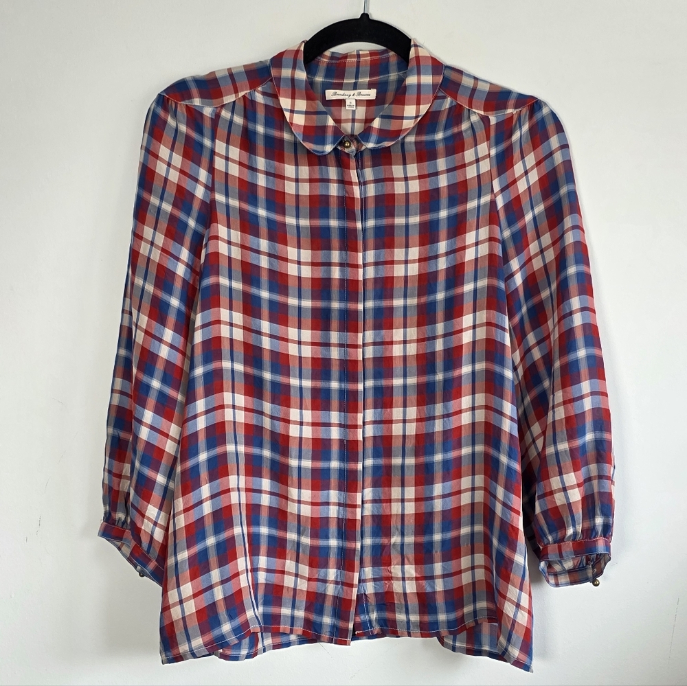 Broadway & Broome 100% Silk Plaid Blouse Size Small Red Blue Peter Pan Collar